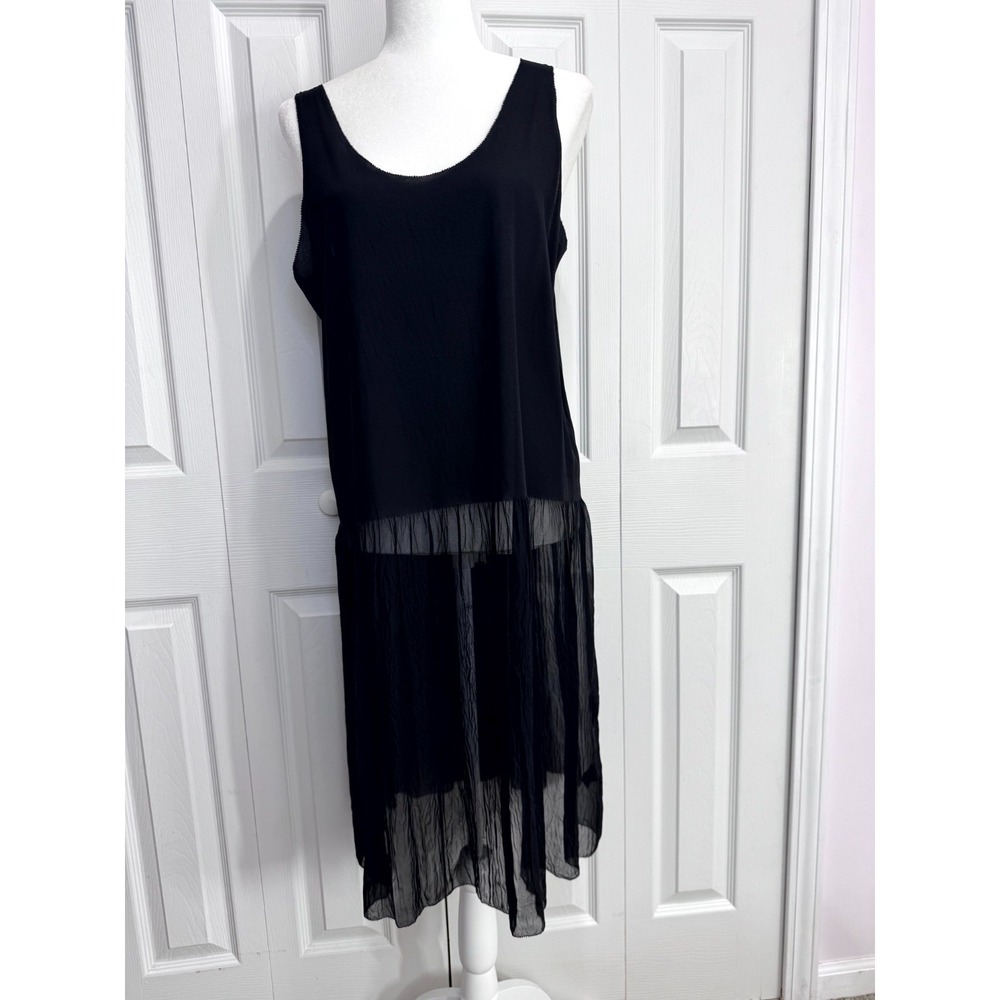 Eileen Fisher Midi Dress Women's Medium Black Silk Sleeveless Sheer Scoop Neck